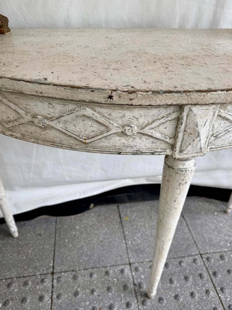 Pair of Belgian Demilunes Consoles with Chalky Patina