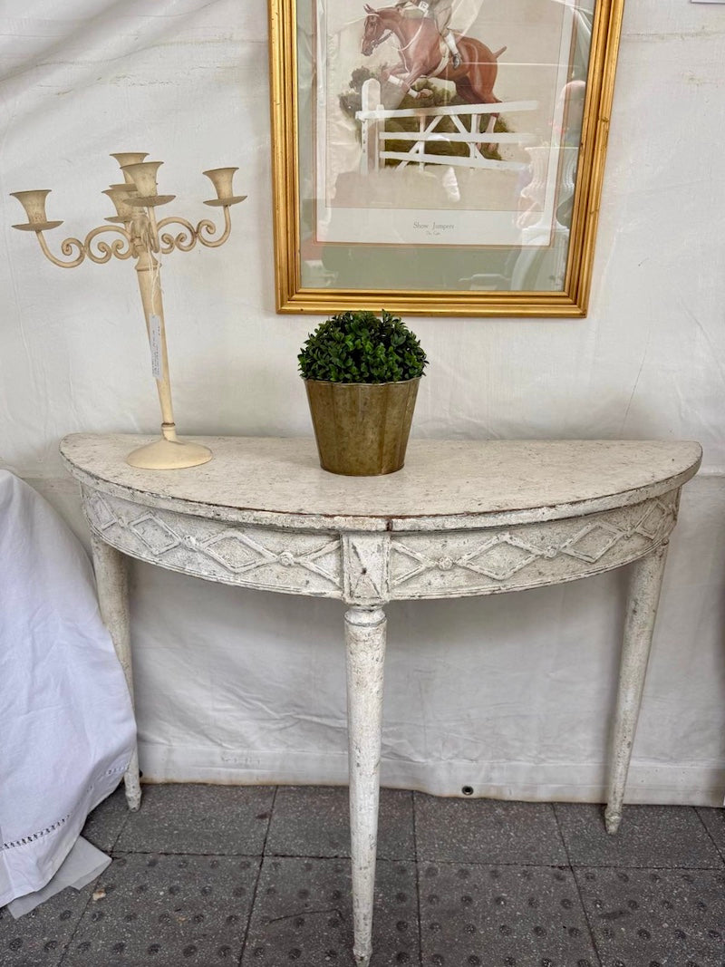 Pair of Belgian Demilunes Consoles with Chalky Patina