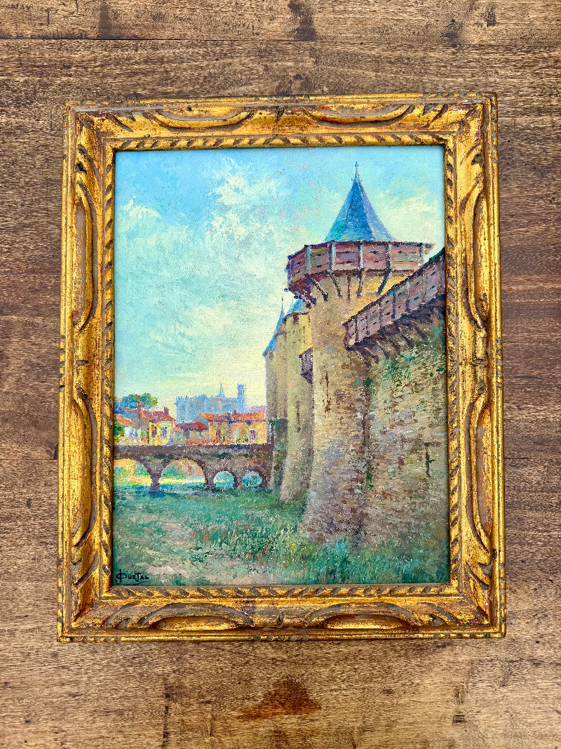 French Antique Oil Painting Carcassone, Signed