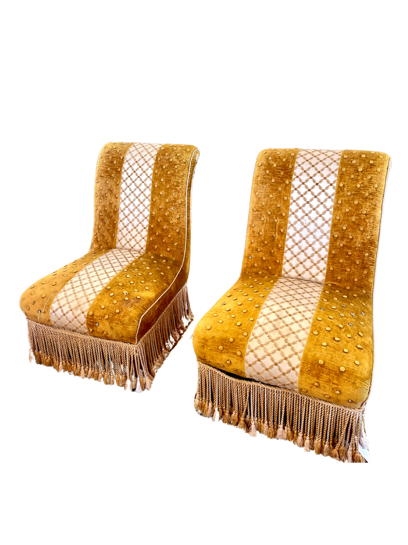 Pair of Gold Velvet Antique French Slipper Chairs