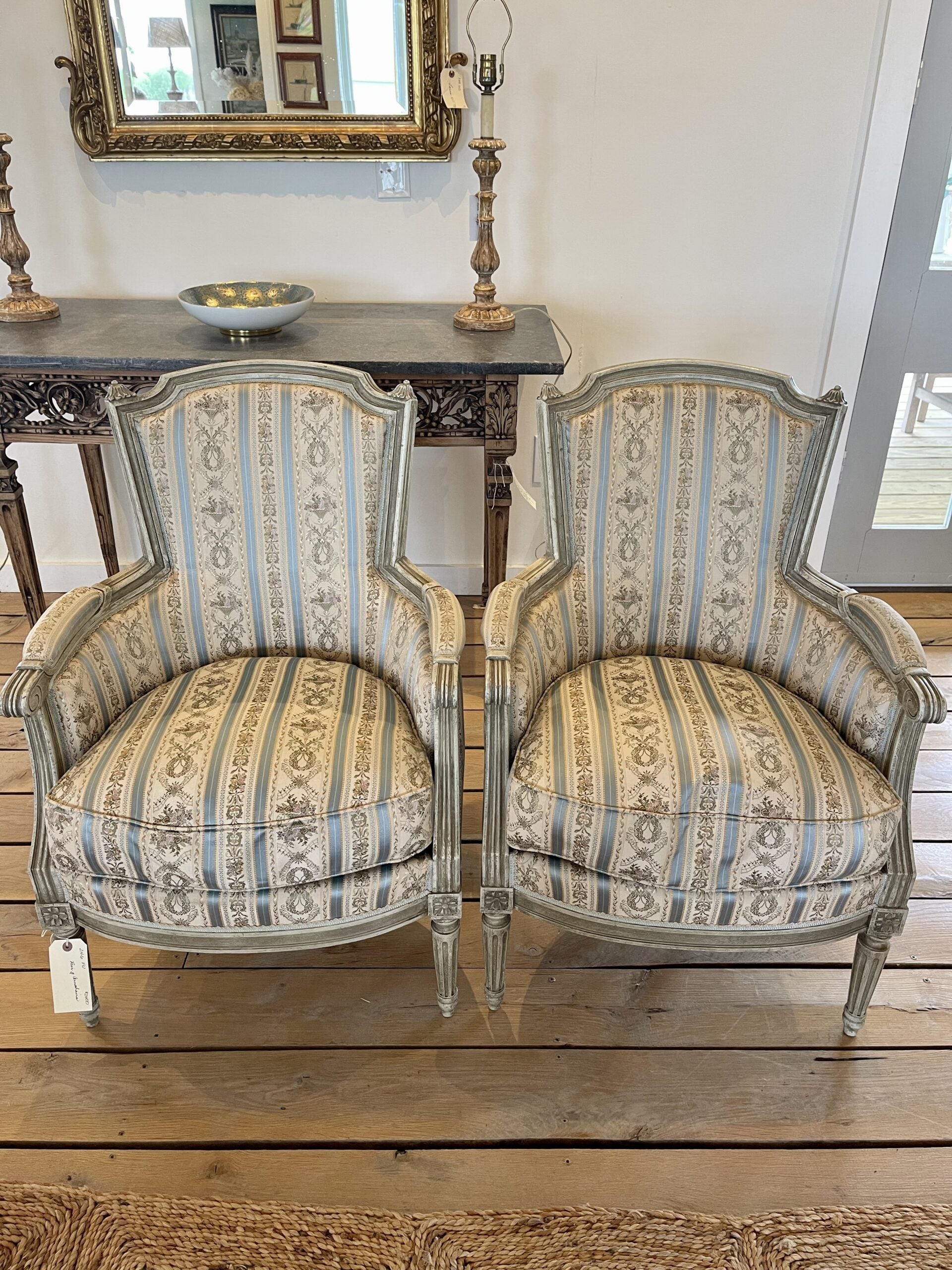 246FU PairFrenchArmchairsLight Blue Stripe01