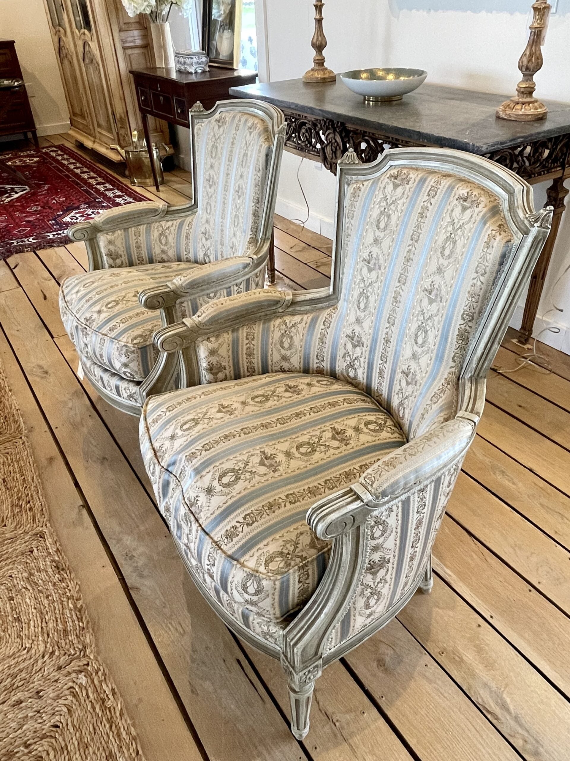 246FU PairFrenchArmchairsLight Blue Stripe04