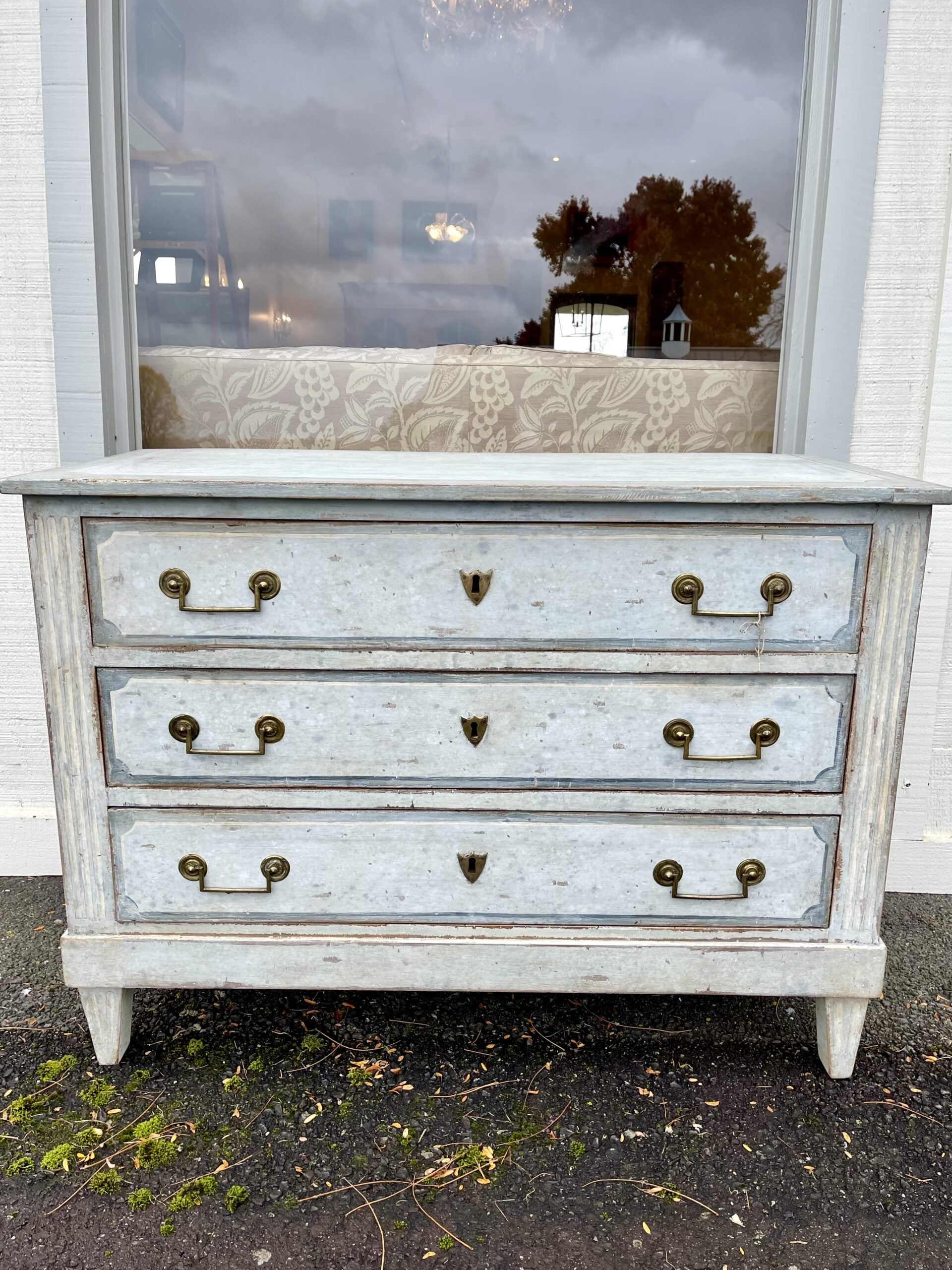 Antique French Dresser with Off-White and Light Blue Patina