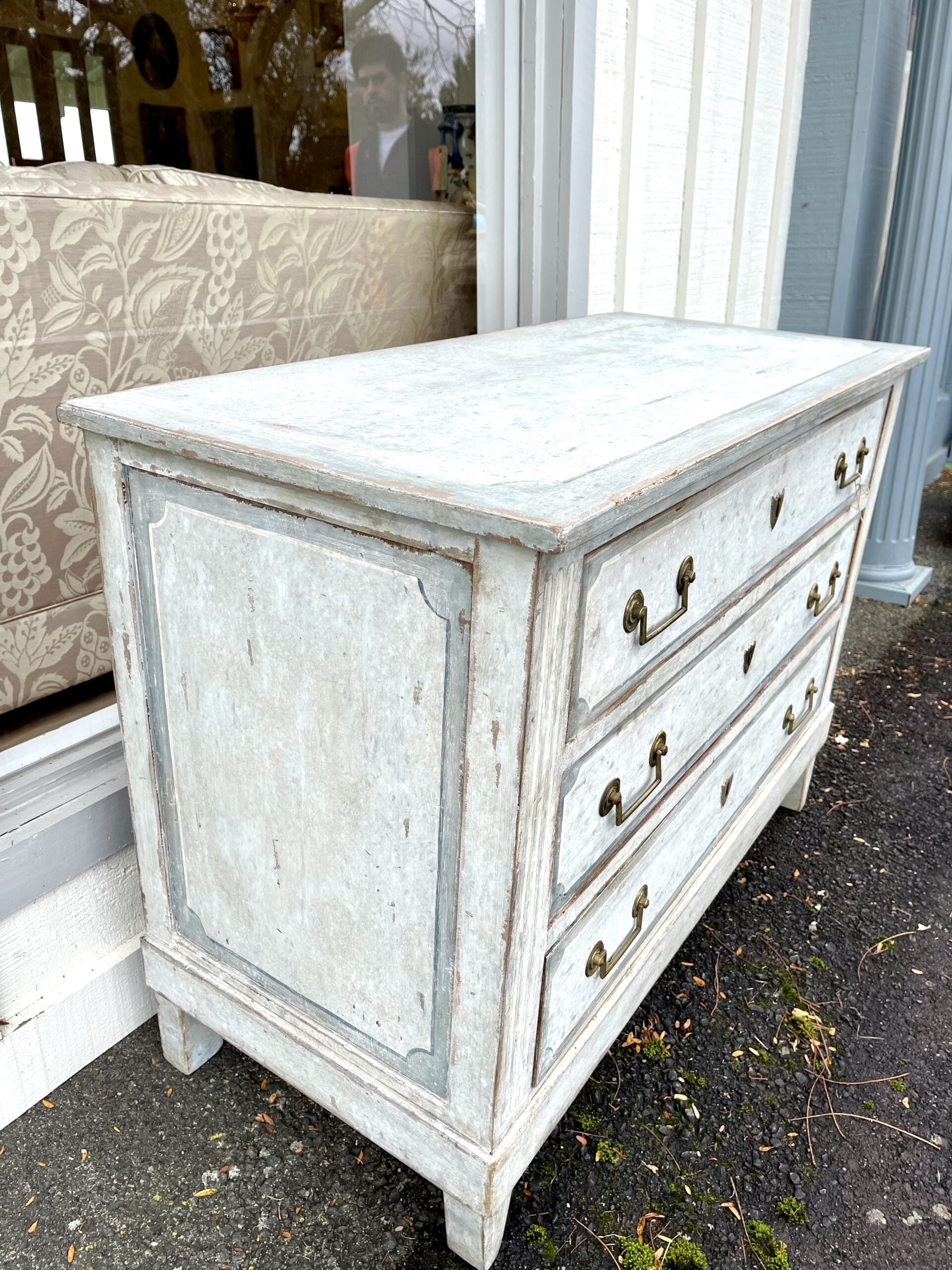 Antique French Dresser with Off-White and Light Blue Patina