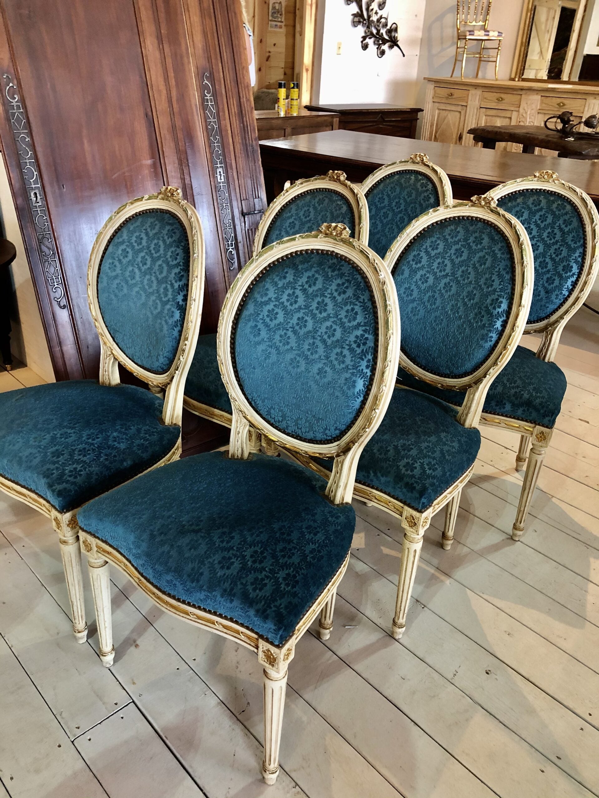 Set of 6 Dining chairs in blue fabric