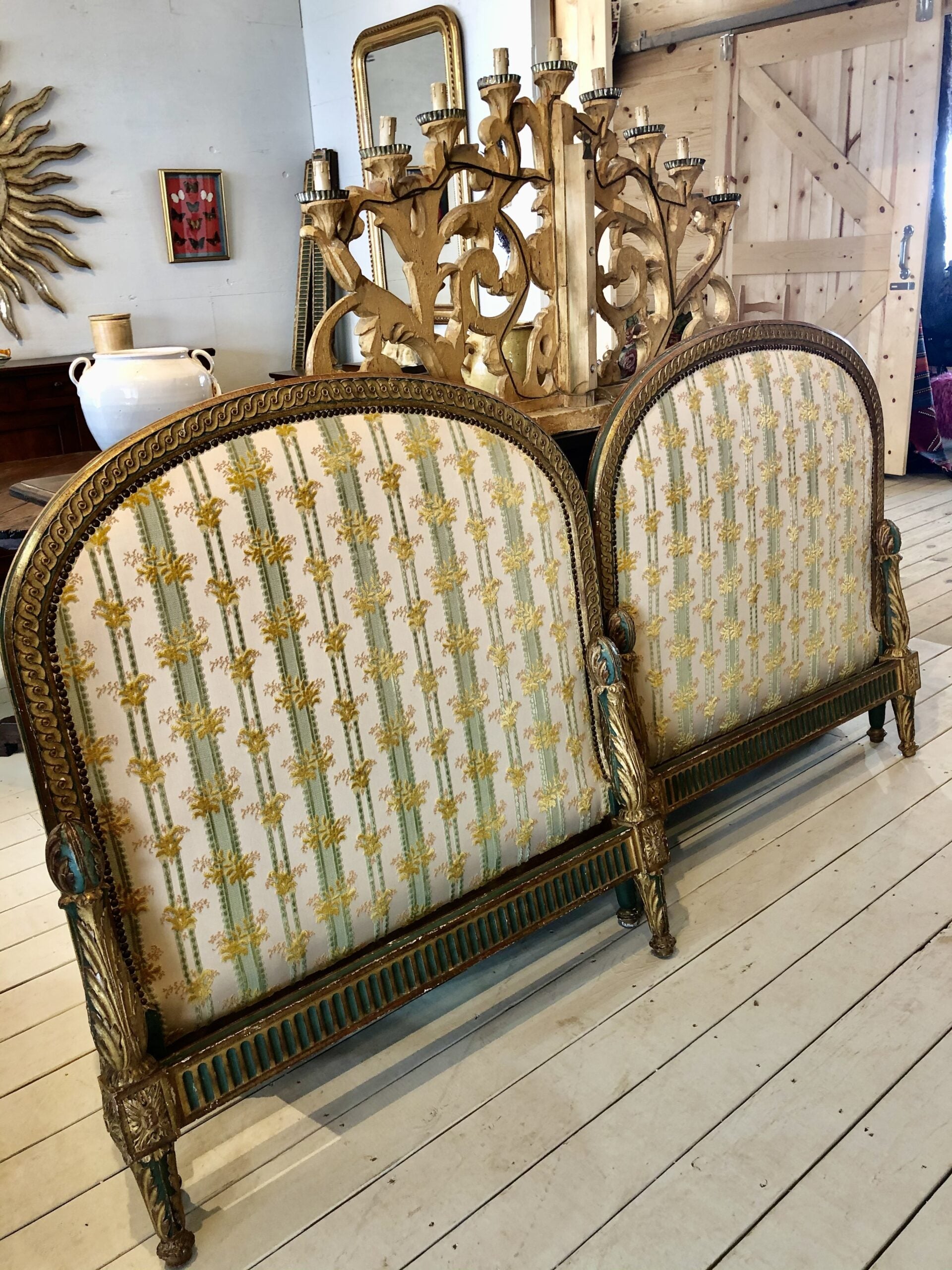 Set of twin beds green and gold stripped fabric2