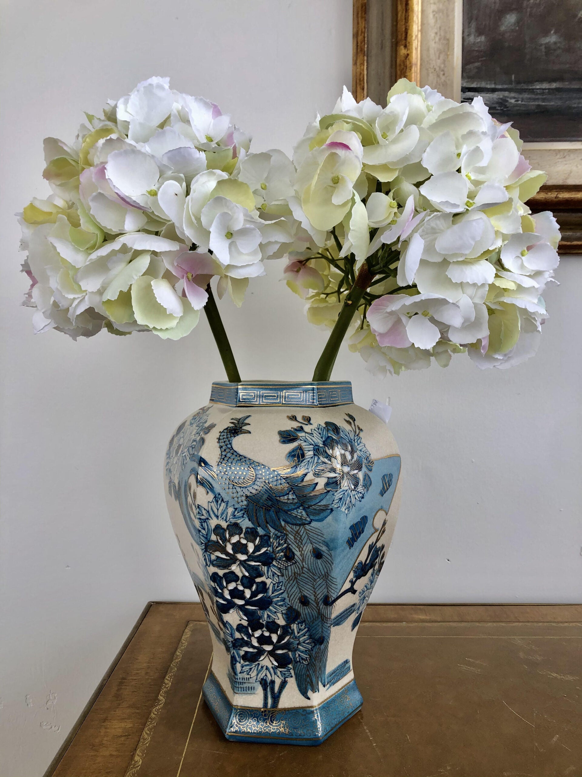 White and Blue Vase Peacocks