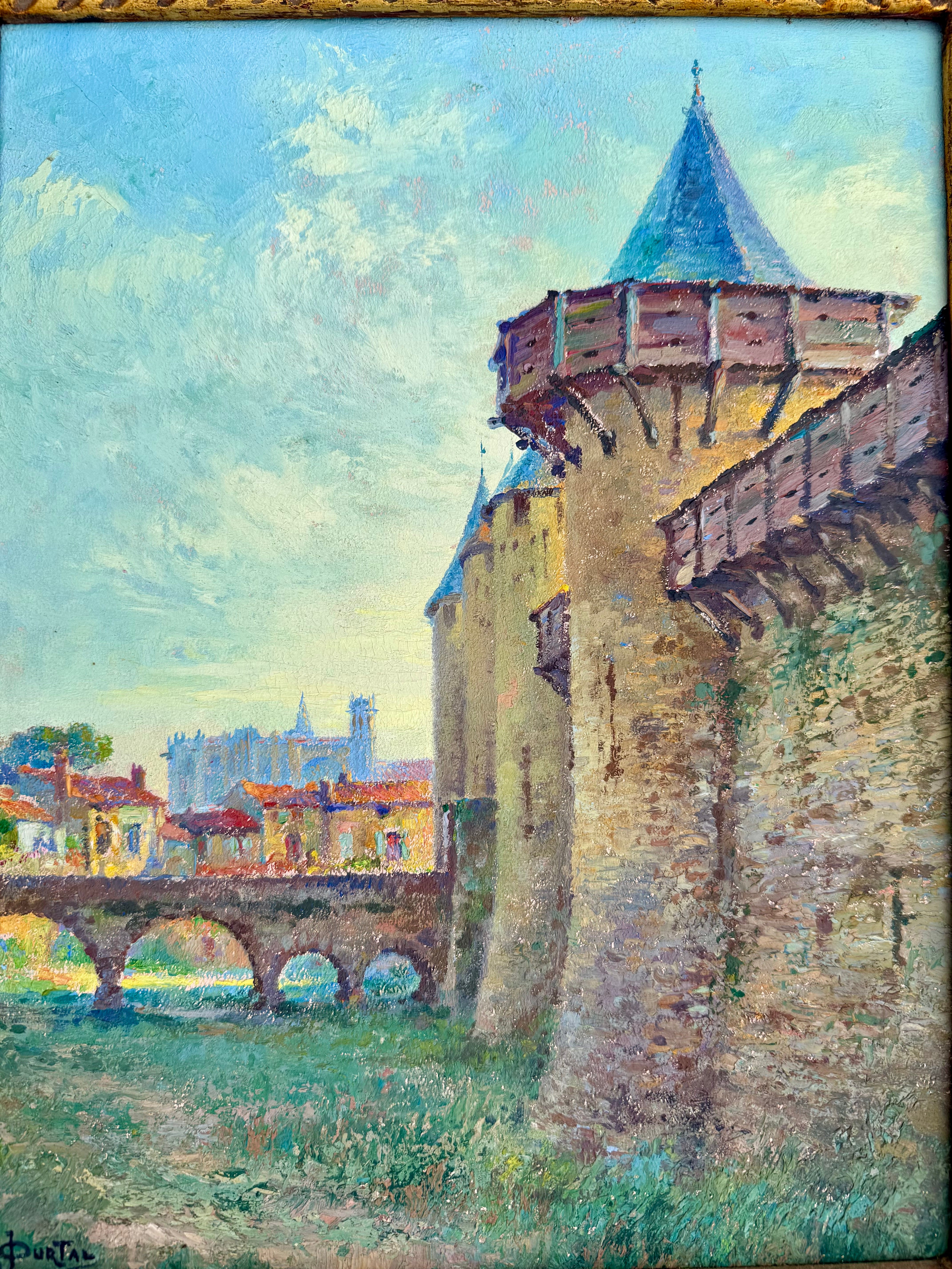 French Antique Oil Painting Carcassone, Signed