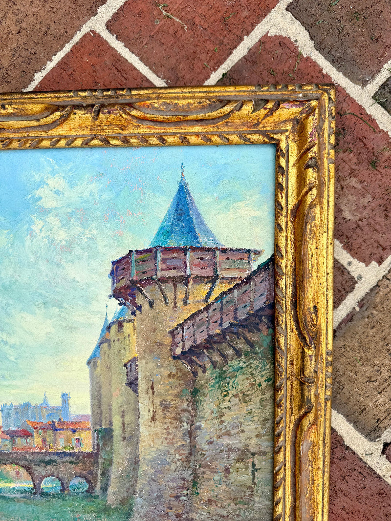 French Antique Oil Painting Carcassone, Signed