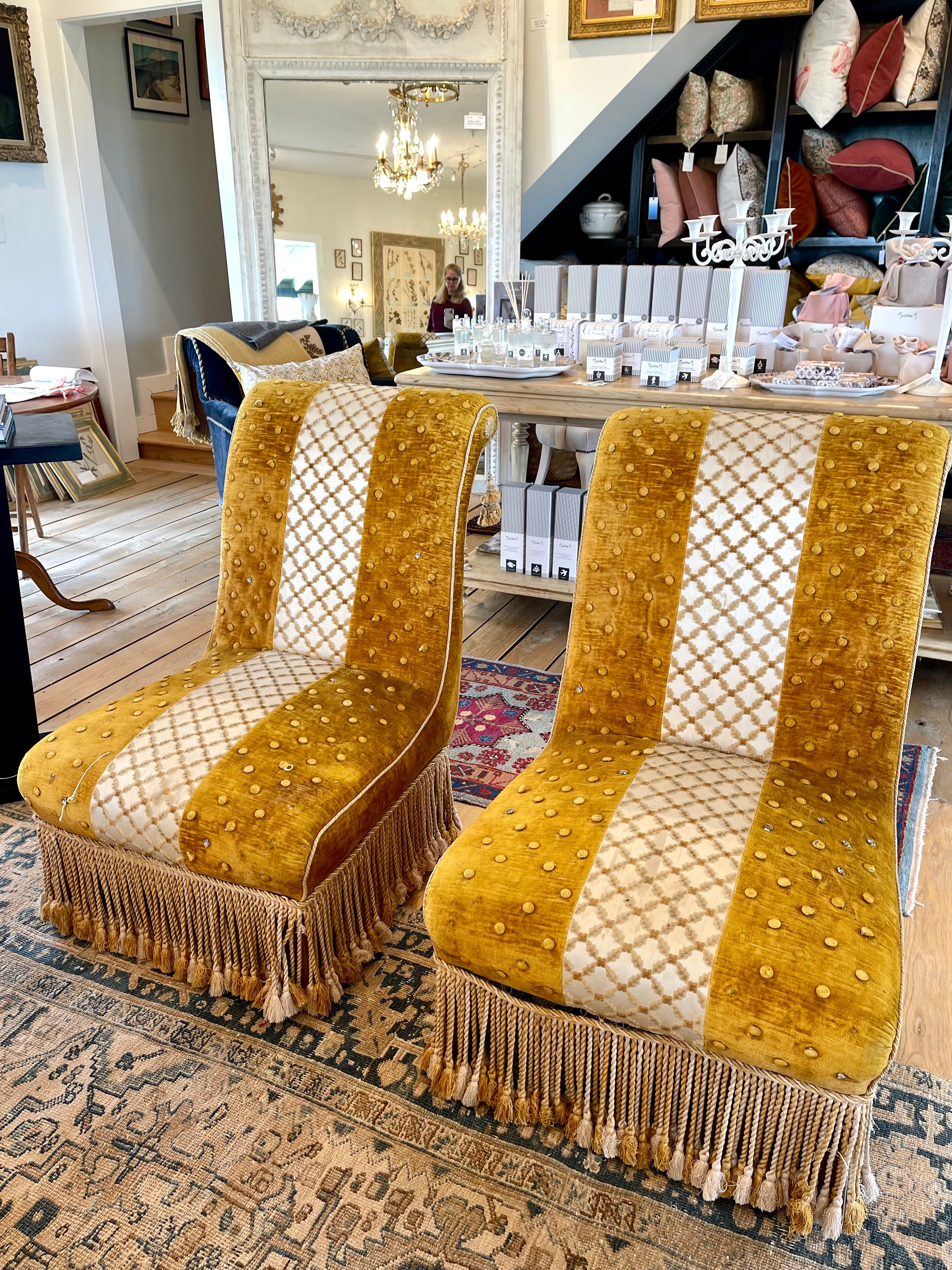 Pair of Gold Velvet Antique French Slipper Chairs