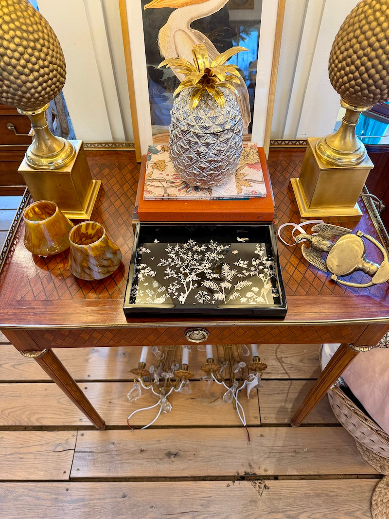 Antique French Table/Desk with Marquetry and Bronze Detail