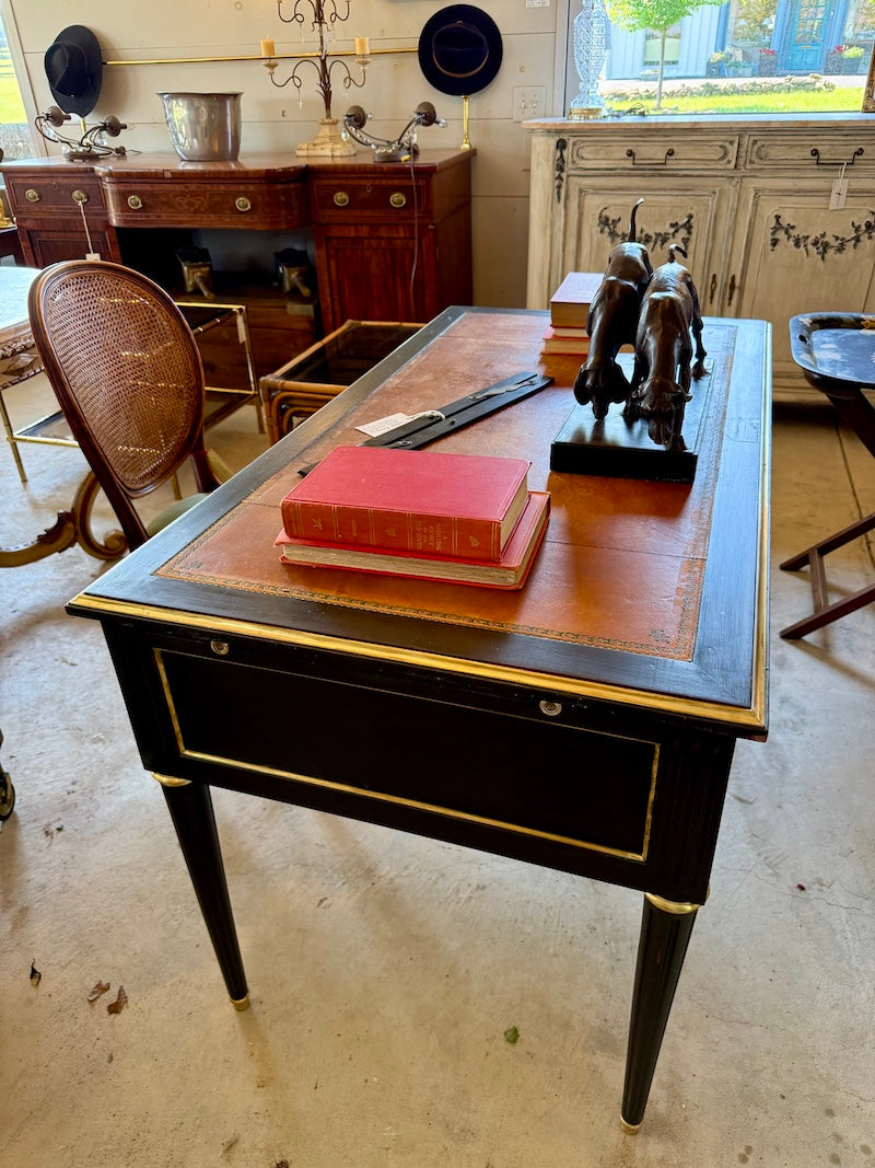Antique French Louis XVI Ebonized Desk with Leather Top, Bronze Detail