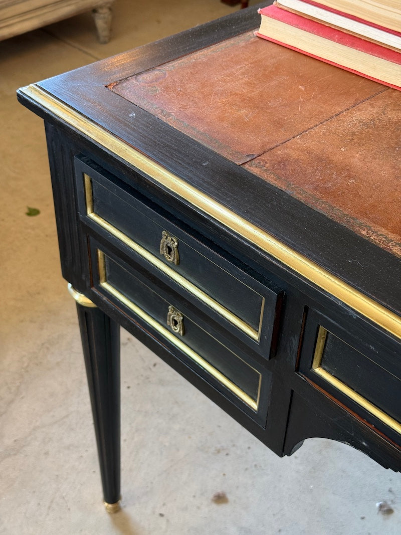 Antique French Louis XVI Ebonized Desk with Leather Top, Bronze Detail