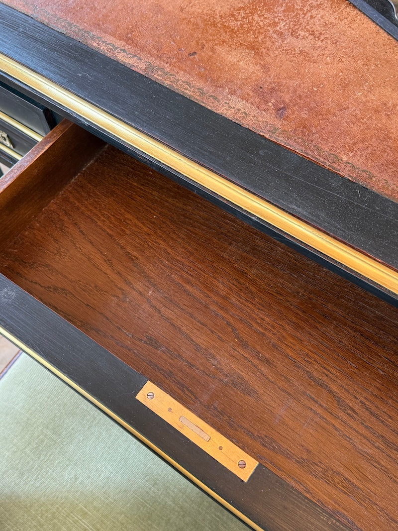Antique French Louis XVI Ebonized Desk with Leather Top, Bronze Detail