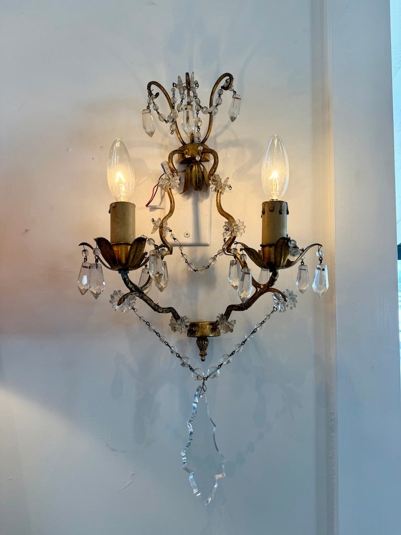 Pair of French Antique Sconces, bronze with Crystals
