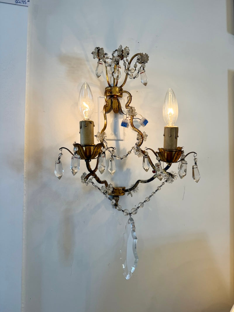 Pair of French Antique Sconces, bronze with Crystals