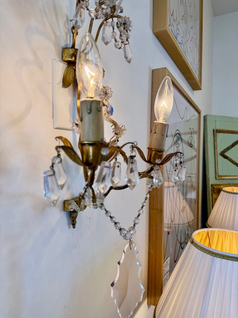 Pair of French Antique Sconces, bronze with Crystals