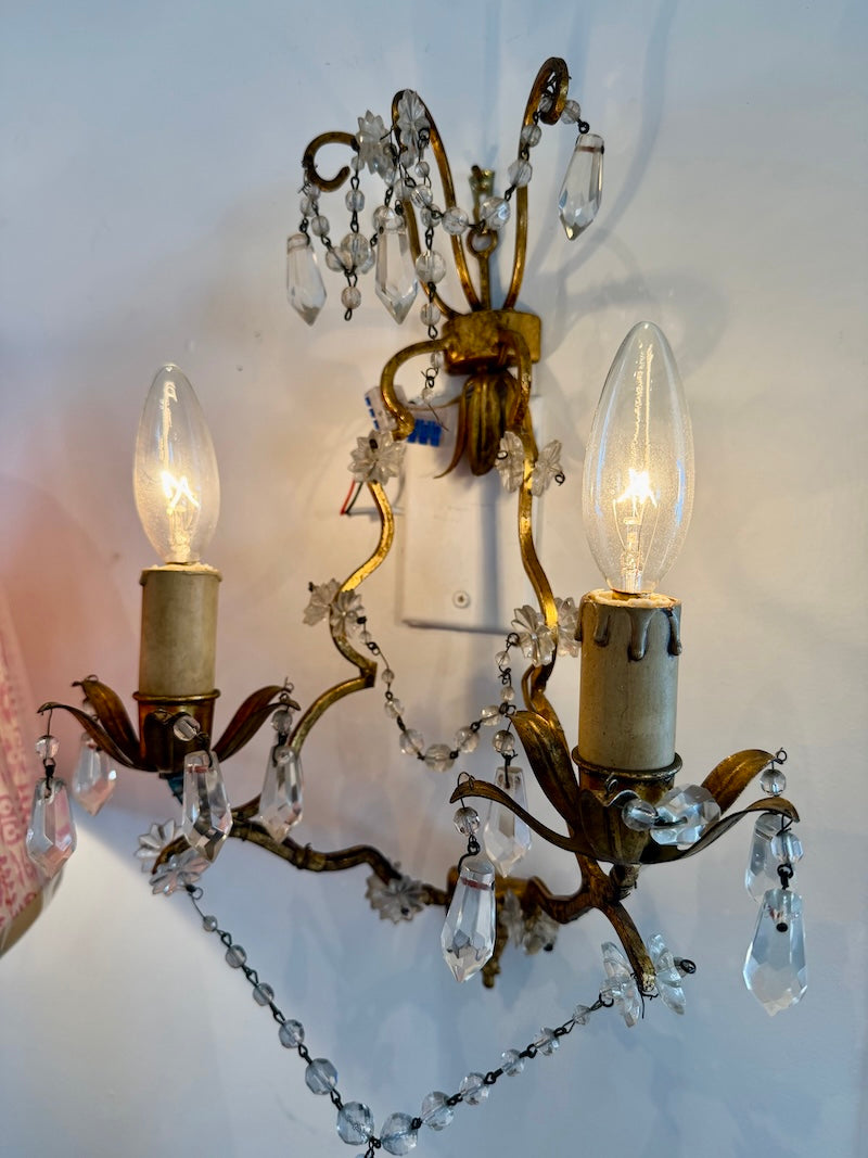 Pair of French Antique Sconces, bronze with Crystals