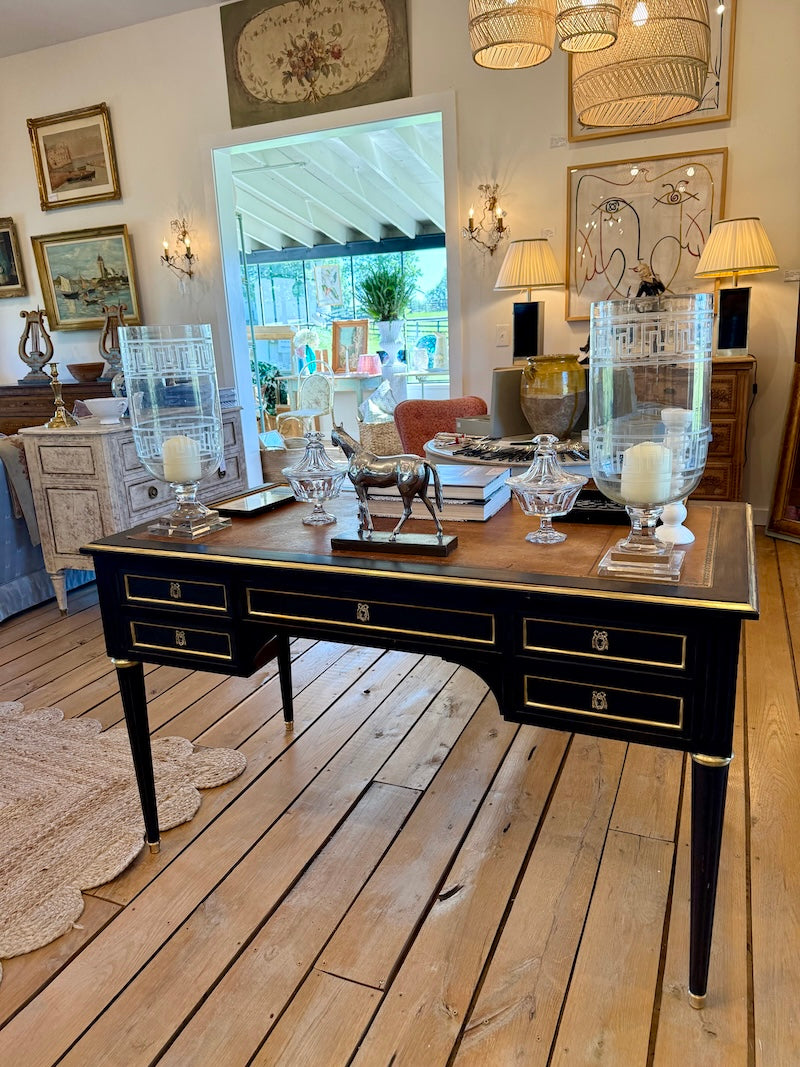 Antique French Louis XVI Ebonized Desk with Leather Top, Bronze Detail