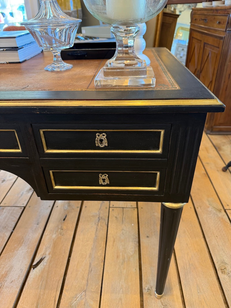 Antique French Louis XVI Ebonized Desk with Leather Top, Bronze Detail