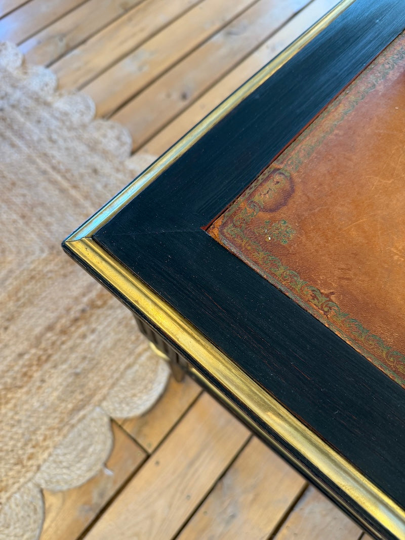Antique French Louis XVI Ebonized Desk with Leather Top, Bronze Detail
