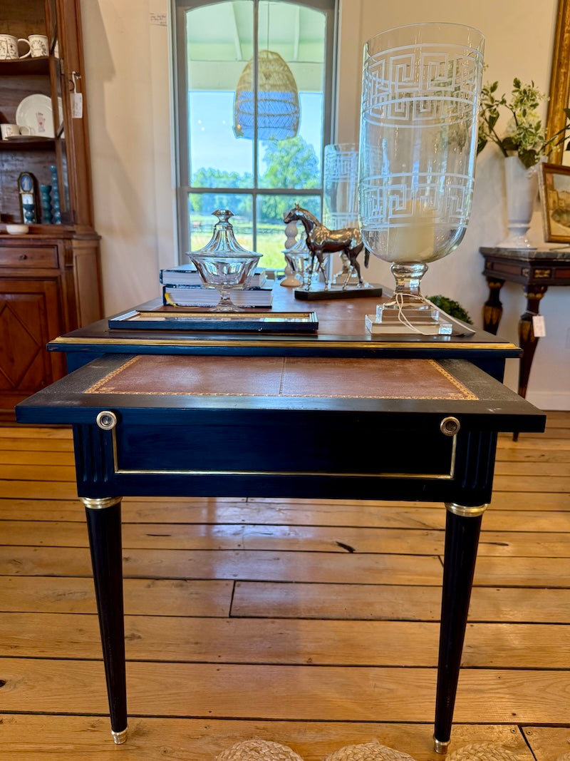 Antique French Louis XVI Ebonized Desk with Leather Top, Bronze Detail