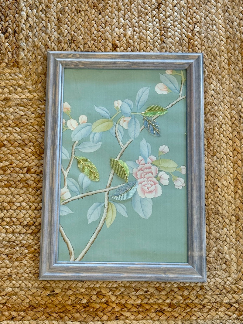 Hand Painted Chinoiserie Silk Panel with hand embroidery, framed in washed blue wood frame.