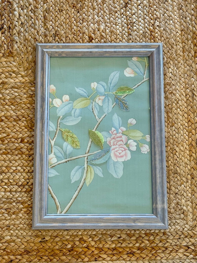Hand Painted Chinoiserie Silk Panel with hand embroidery, framed in washed blue wood frame.