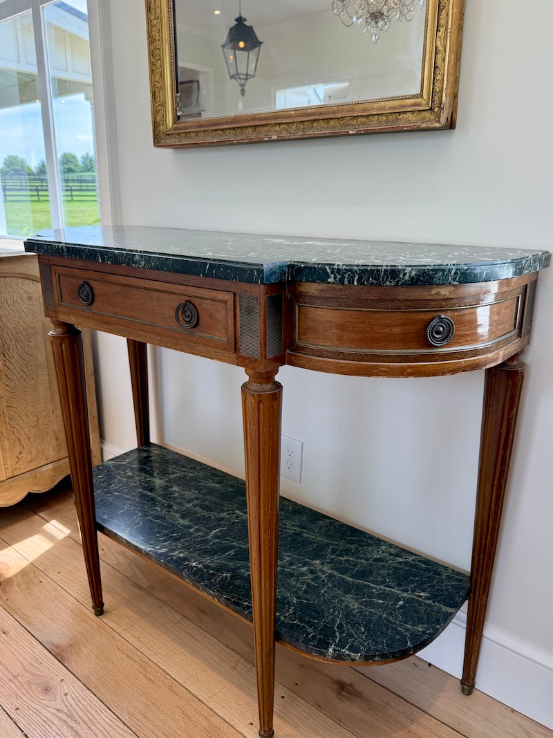 Antique French Console with Marble Top and Marble Shelf, Louis XVI Style
