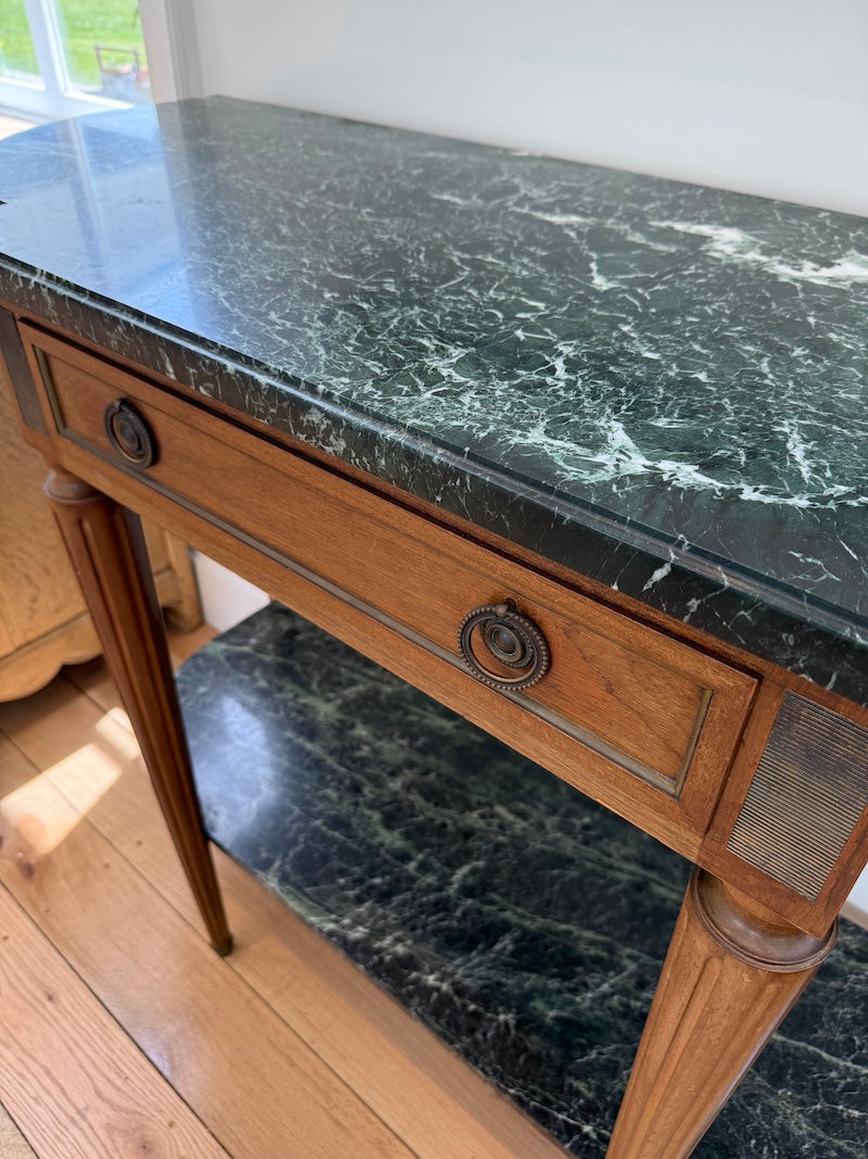 Antique French Console with Marble Top and Marble Shelf, Louis XVI Style