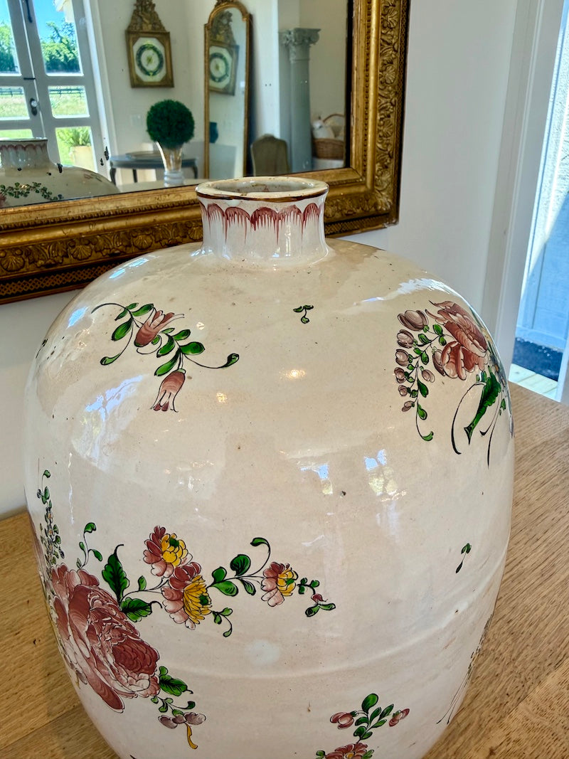 Antique French Gourde-shaped Floral Painted Vase, 1940s