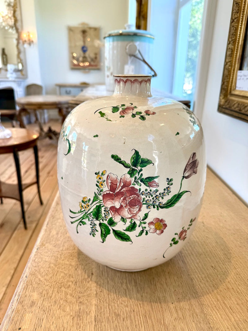 Antique French Gourde-shaped Floral Painted Vase, 1940s