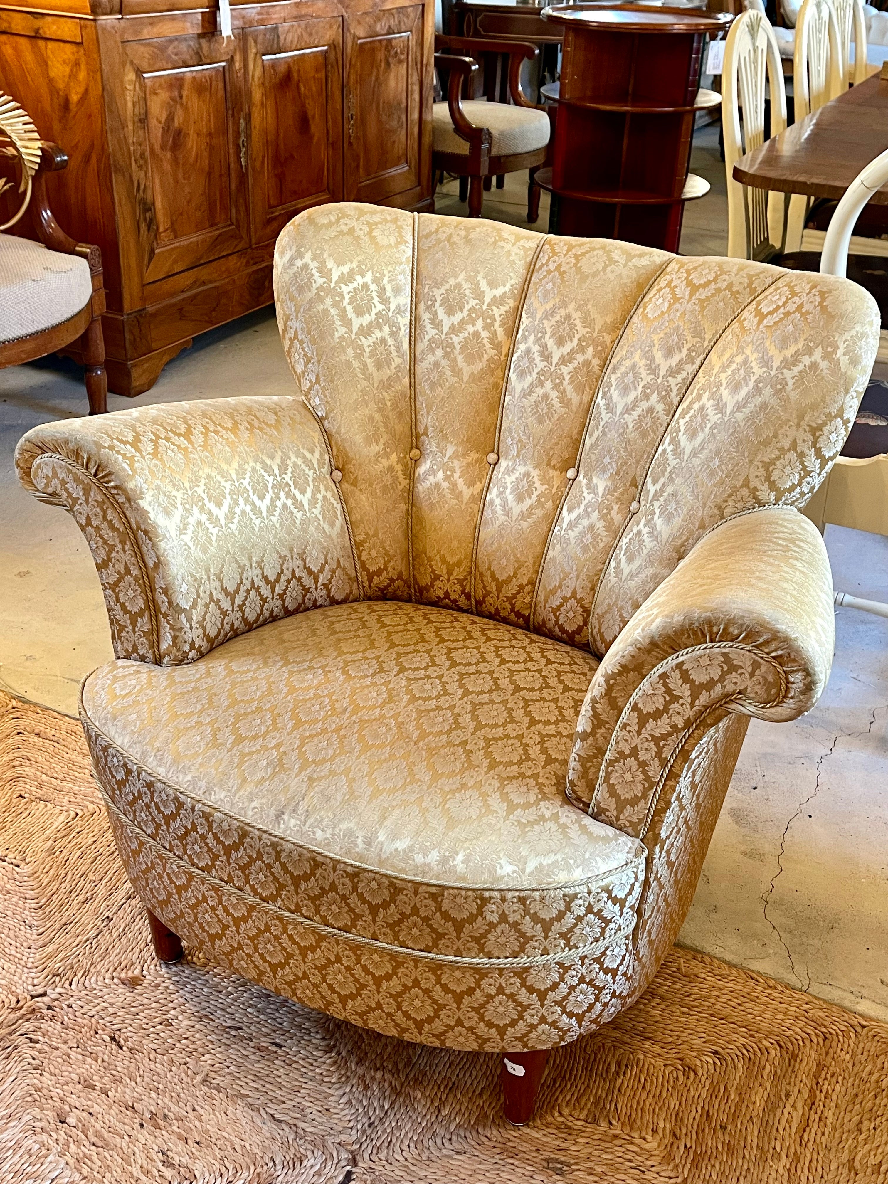 Pair of Swedish Arm Chairs in Gold Upholstery 1940s