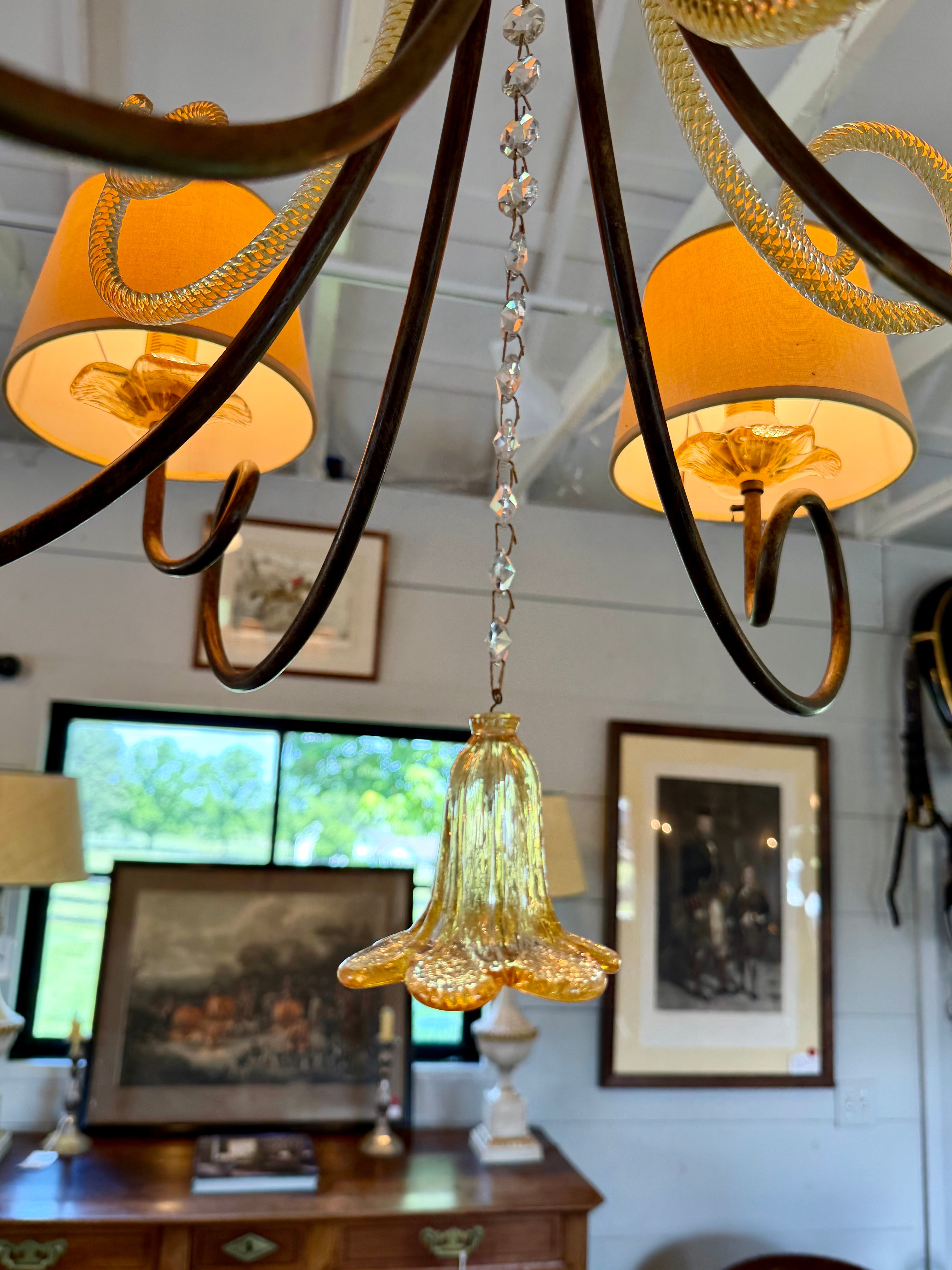 Italian Murano 1930s Glass Chandelier with Iron Arms and Lampshades