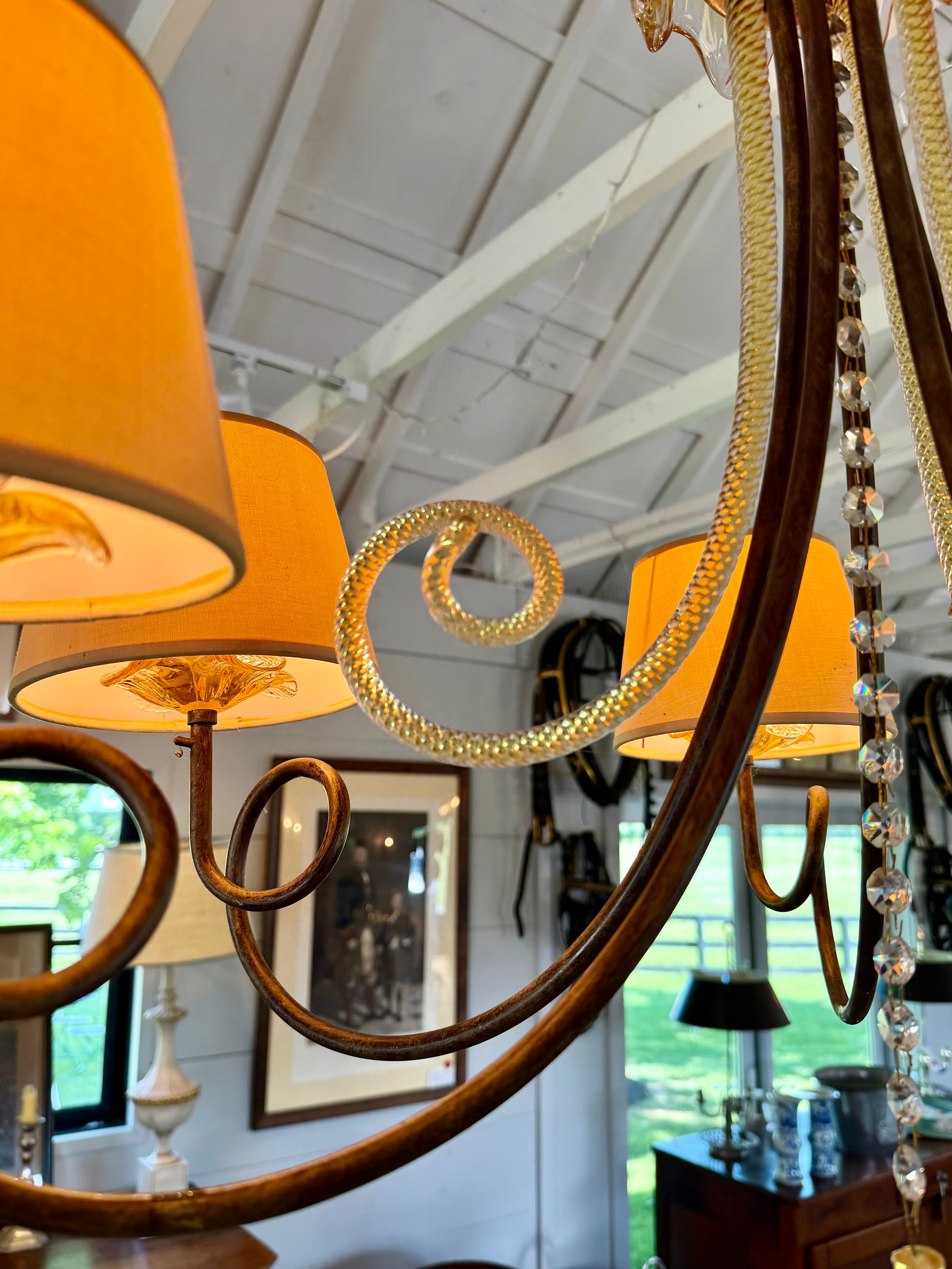 Italian Murano 1930s Glass Chandelier with Iron Arms and Lampshades