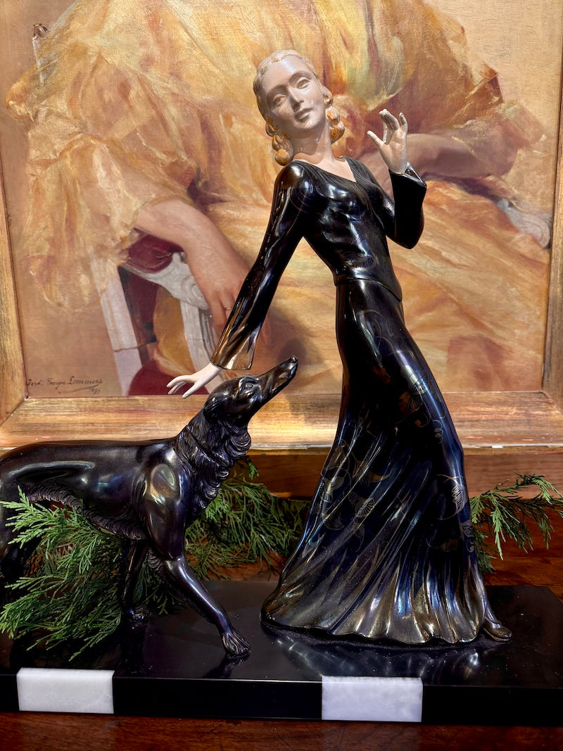 French Art Deco Sculpture - Lady with Dog