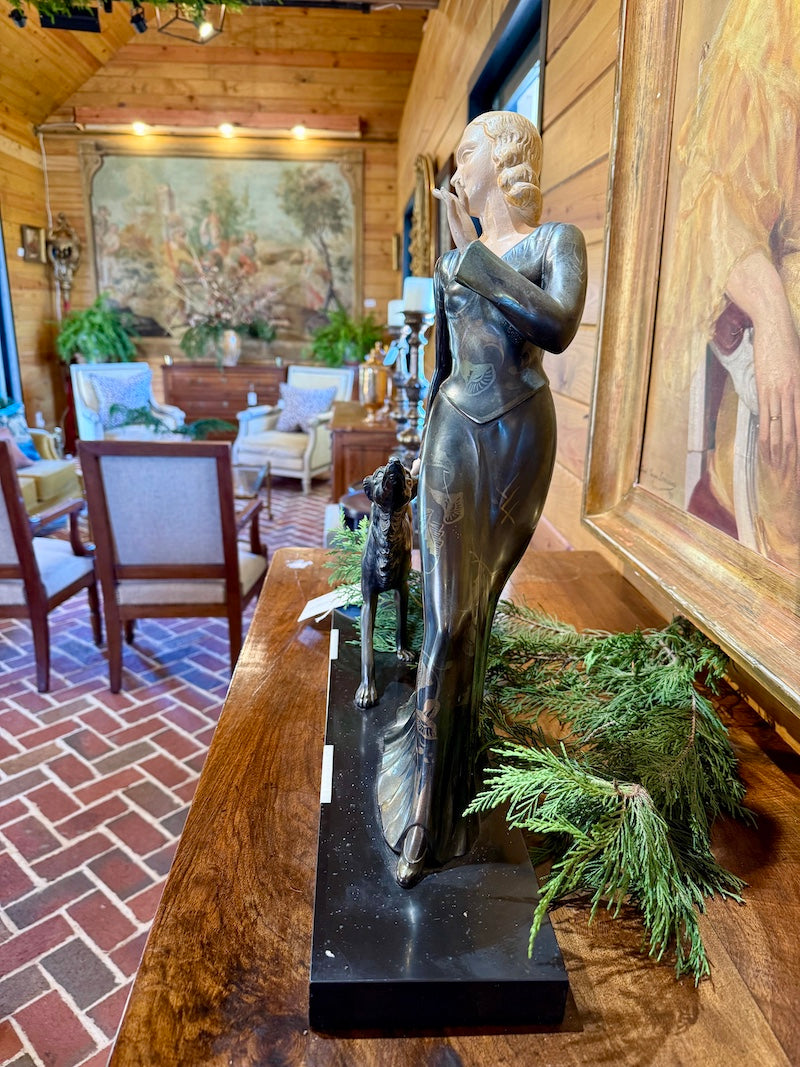 French Art Deco Sculpture - Lady with Dog