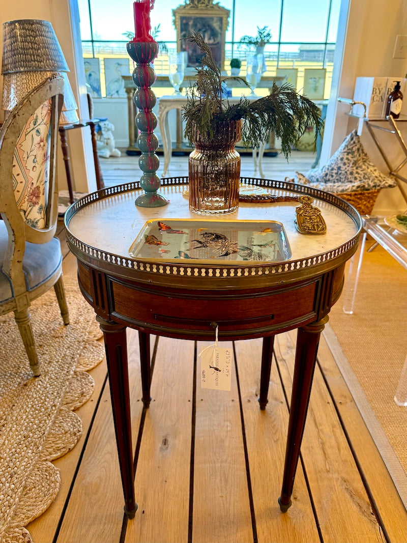 Antique French Bouillotte Table 1920s in Walnut with Marble Top