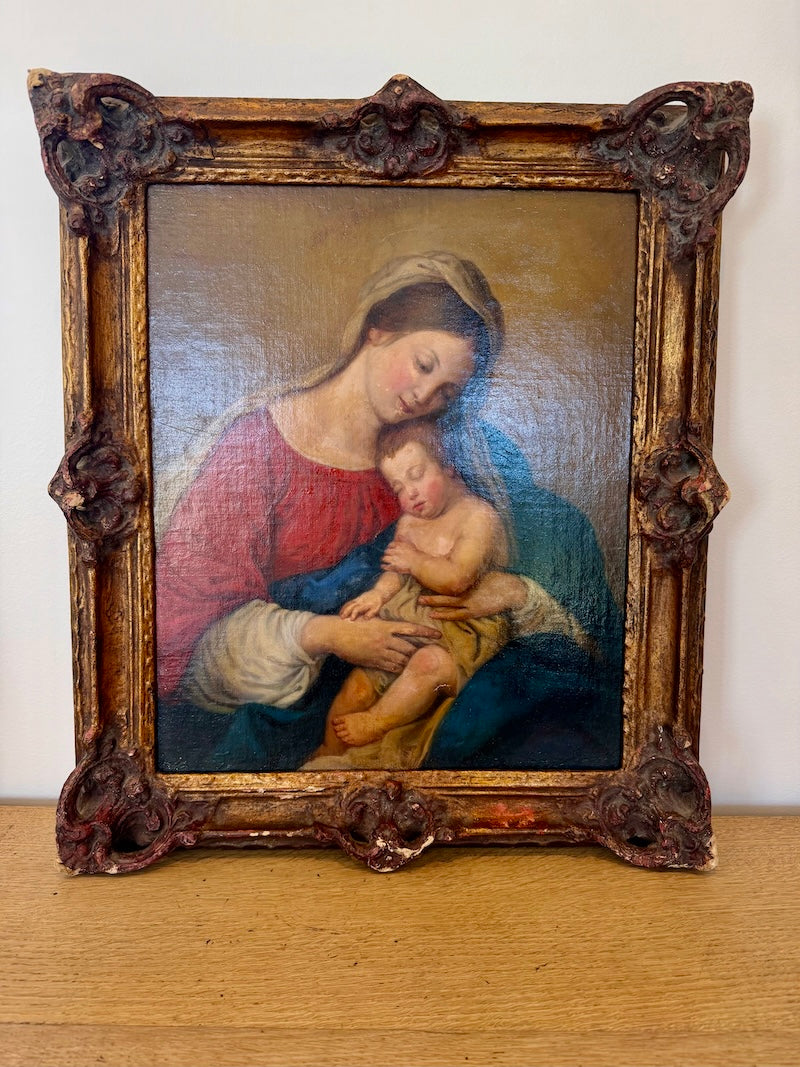 Antique French/Italian 19th C. oil painting Virgin with Child
