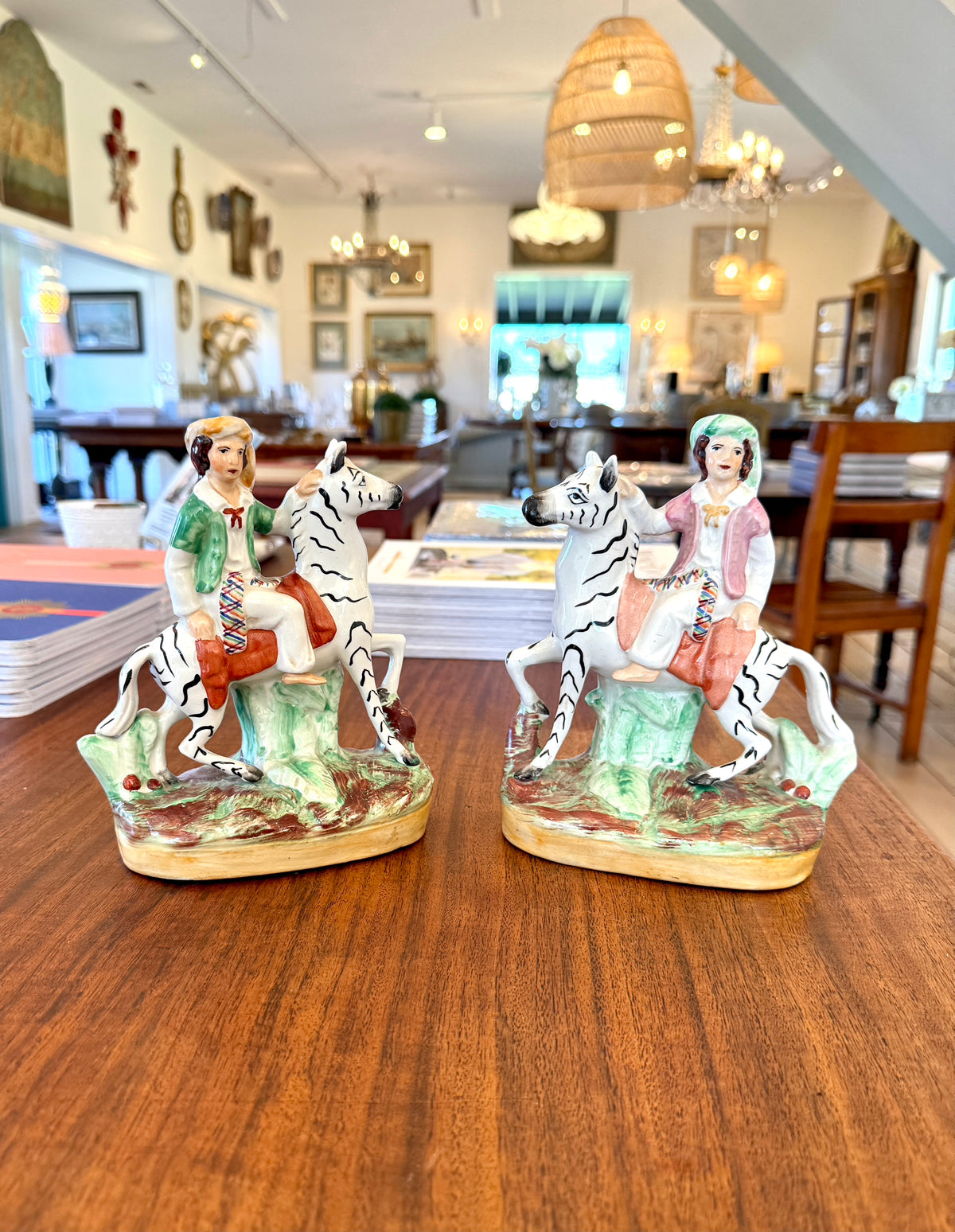 Antique Pair of Stffordshire Flatback Figures of Ladies Riding Zebra, 19th Century
