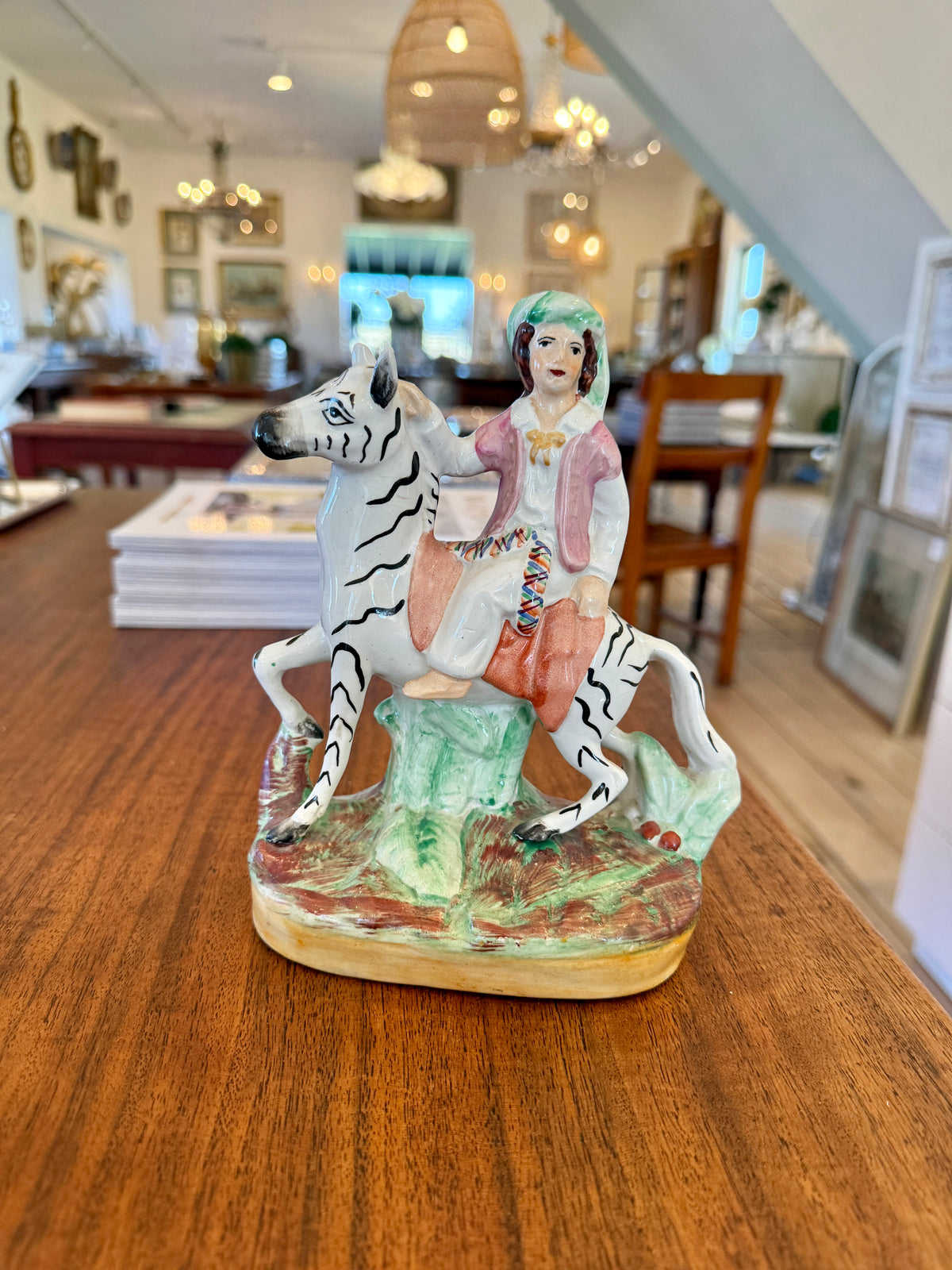 Antique Pair of Stffordshire Flatback Figures of Ladies Riding Zebra, 19th Century