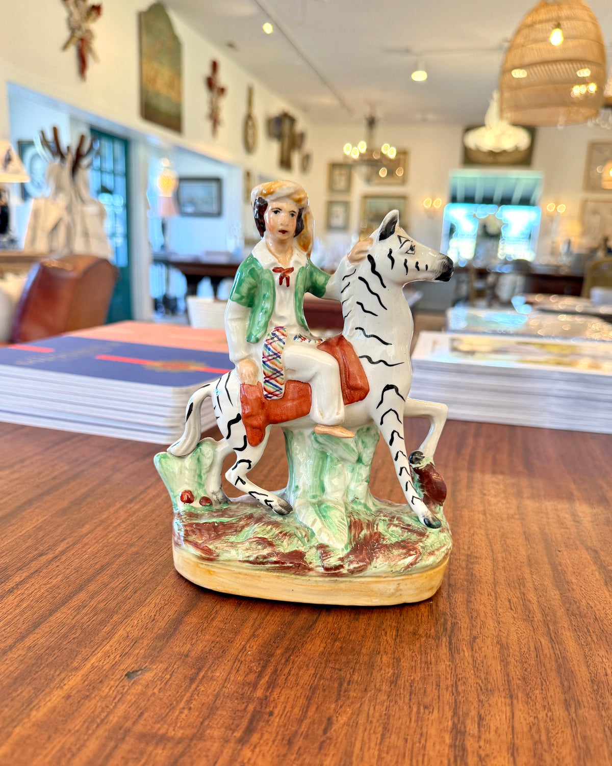 Antique Pair of Stffordshire Flatback Figures of Ladies Riding Zebra, 19th Century