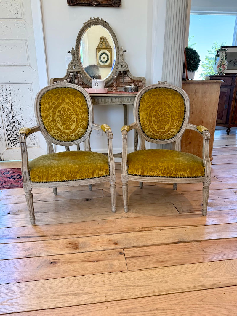 Pair of Antique French Louis XVI Armchairs, Chartreuse Velvet upholstery