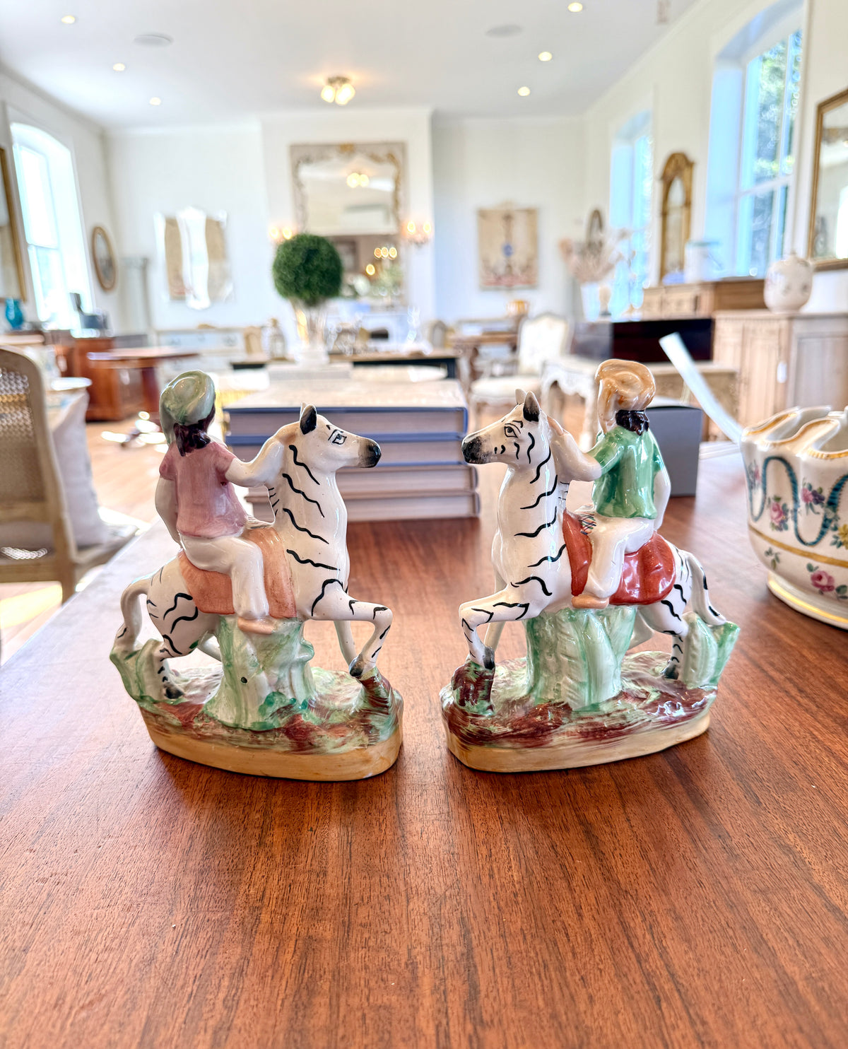 Antique Pair of Stffordshire Flatback Figures of Ladies Riding Zebra, 19th Century