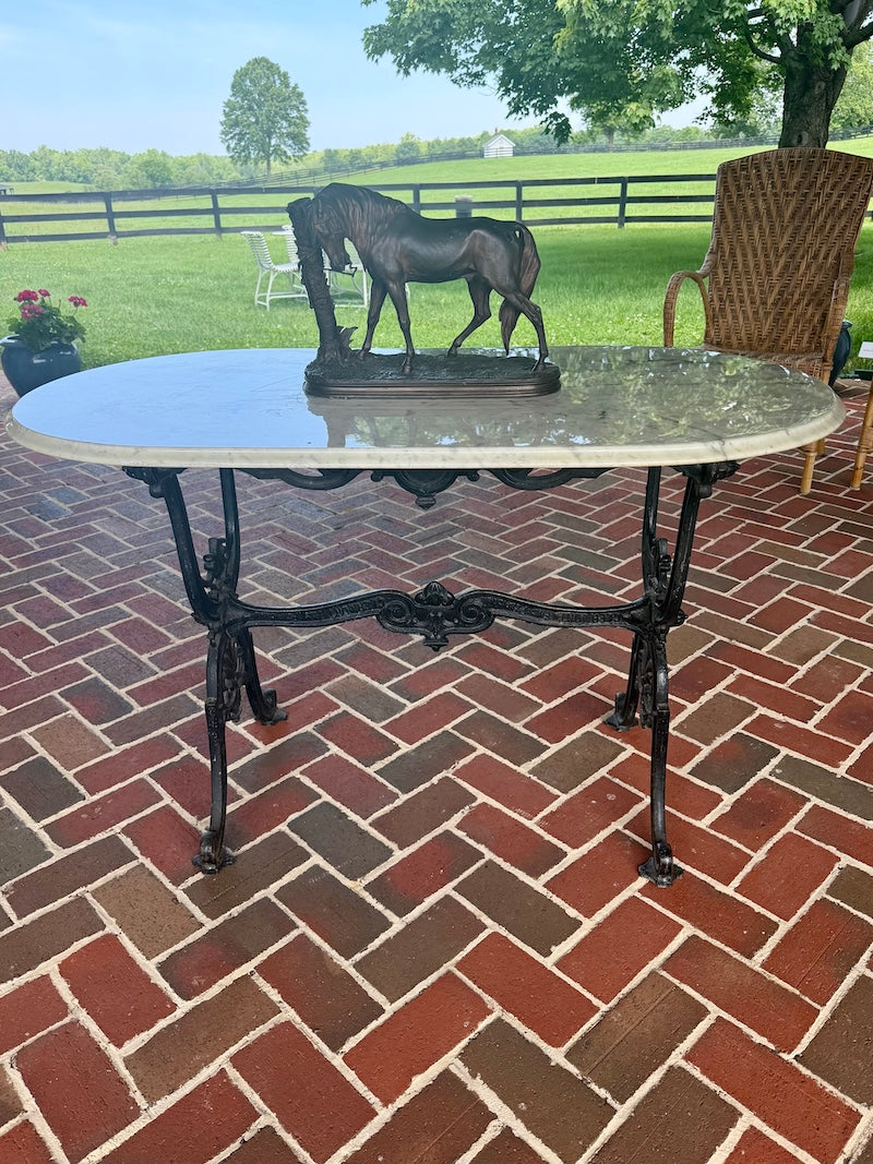 Antique Oval Table with White Marble Top and Wrought Iron Stand