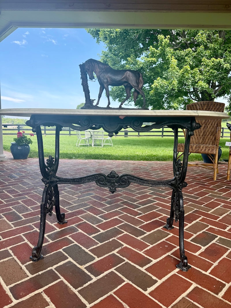 Antique Oval Table with White Marble Top and Wrought Iron Stand