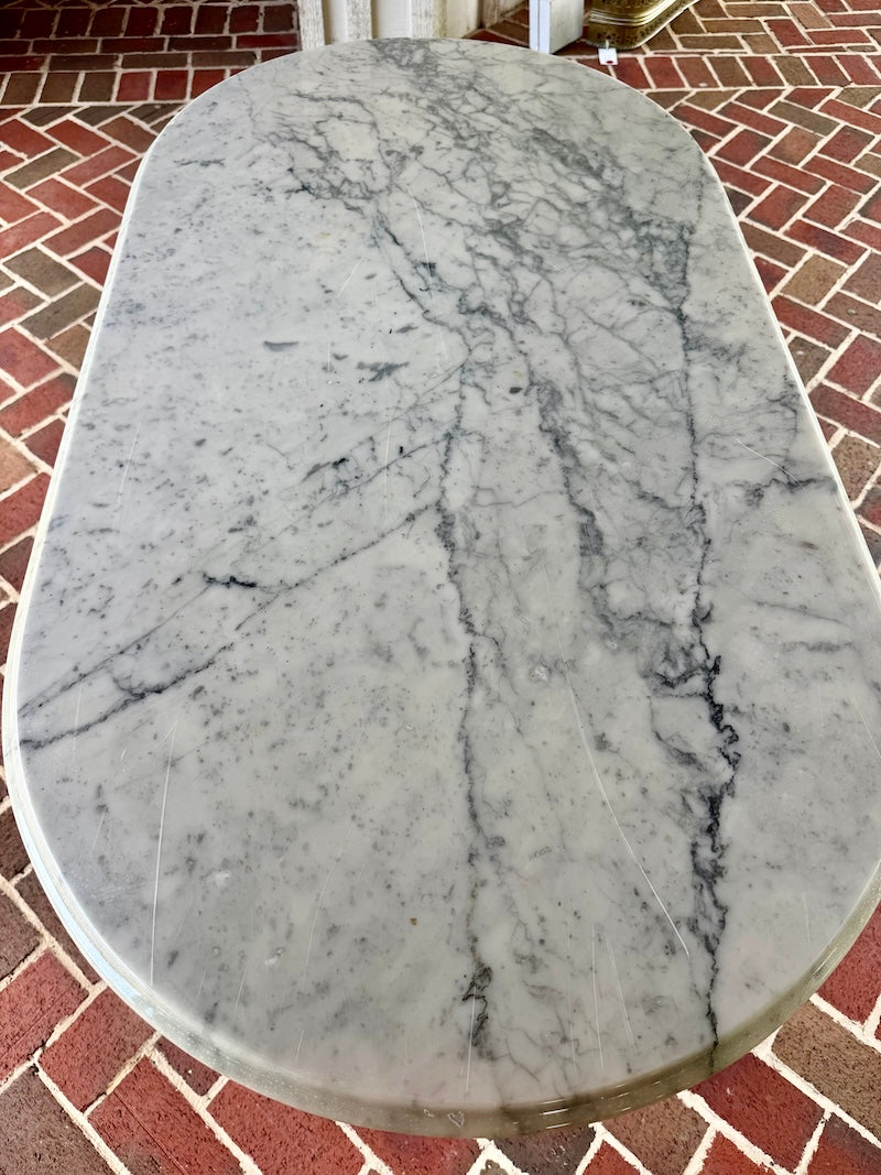 Antique Oval Table with White Marble Top and Wrought Iron Stand