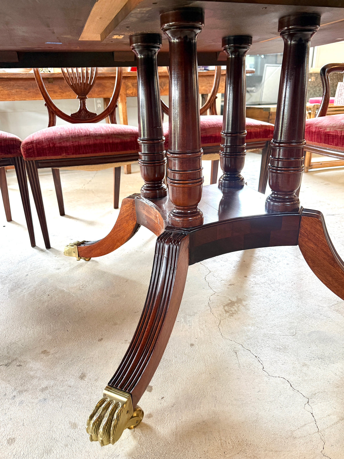 Antique Council Craftsmen Regency Style Inlaid Mahogany Pedestal Dining Table
