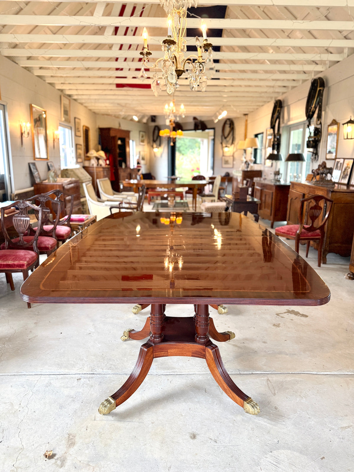 Antique Council Craftsmen Regency Style Inlaid Mahogany Pedestal Dining Table