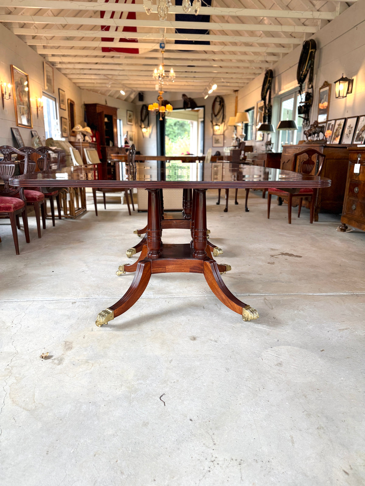 Antique Council Craftsmen Regency Style Inlaid Mahogany Pedestal Dining Table
